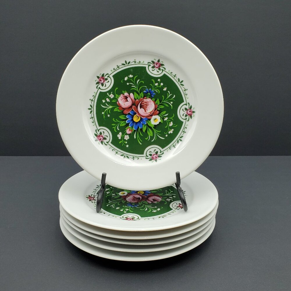 Schumann Arzberg Germany Floral Salad Plates Bavaria Green Center Red Rose Plate